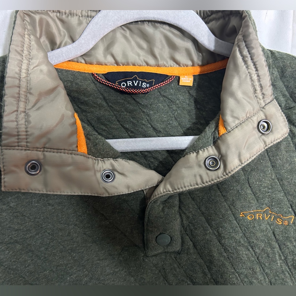 Orvis Olive Quilted Jacket with Bright Orange Trim